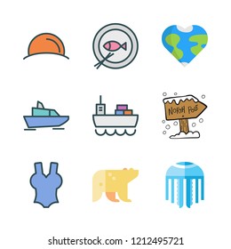 sea icon set. vector set about fish, north pole, yatch and swimsuit icons set.