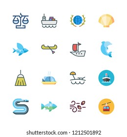 sea icon set. vector set about cargo ship, broom, cable car cabin and planet earth icons set.