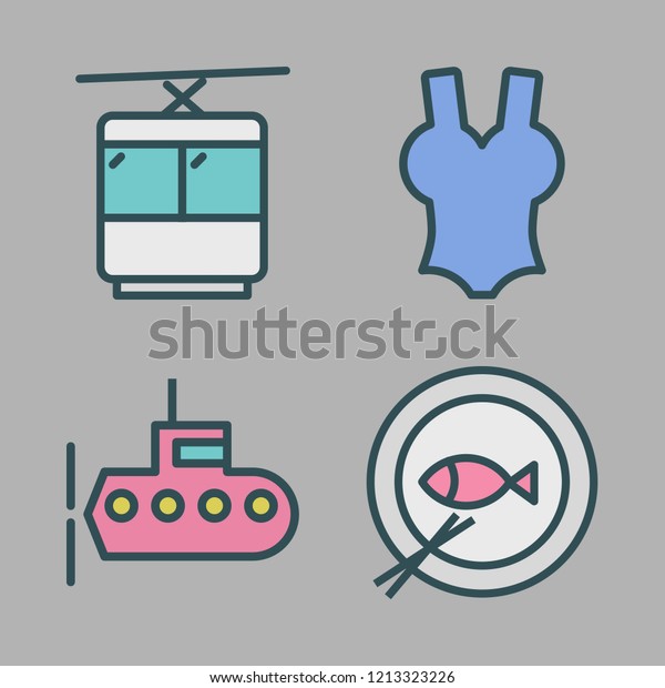 sea icon set. vector set about fish,\
cable car cabin, submarine and swimsuit icons\
set.