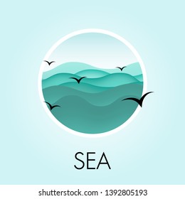 Sea icon with waves and seagulls. Vector illustration