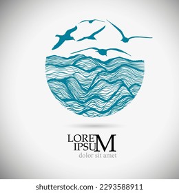 Icono del mar. Olas y gaviotas. Ilustración del vector
