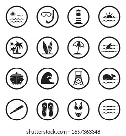 Sea Icons. Black Flat Design In Circle. Vector Illustration.