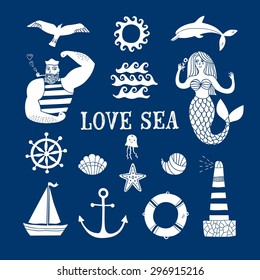 Sea icons cartoon set with sailor, lighthouse, mermaid, ship and other. Illustrations for your design.