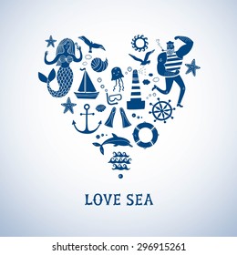 Sea icons cartoon set with sailor, lighthouse, mermaid, ship and other. Heart shape postcard. Illustrations for your design.