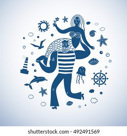 Sea icons cartoon set with sailor holding mermaid on white background. Sea illustration for your design.