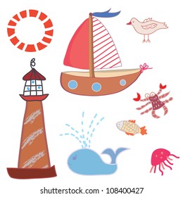 	Sea icons funny set cartoons