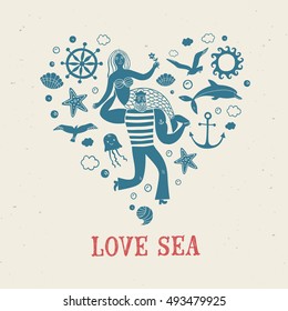 Sea icons in heart shape with sailor holding mermaid on textured background. Sea illustration for your design.