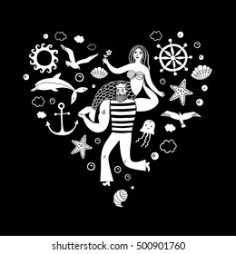 Sea icons in heart shape with sailor holding mermaid on black background. Sea illustration for your design.