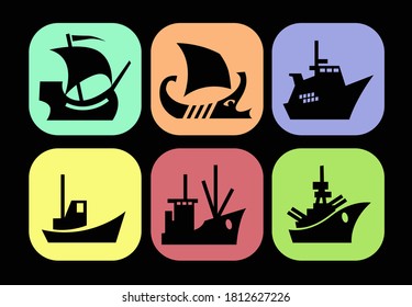 In the sea. Icons with images of various ships. Vector drawing for prints or illustrations.
