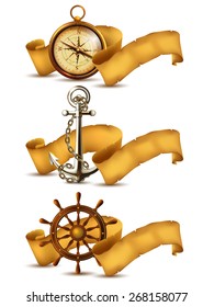 Sea icons with paper ribbons isolated on white background.
