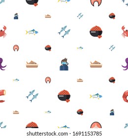 sea icons pattern seamless. Included editable flat sardine, Diving, salmon, tuna, baked fish, caviar, octopus, shrimp, crab icons. sea icons for web and mobile.
