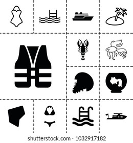 Sea icons. set of 13 editable filled and outline sea icons such as boat, aquarium, land territory, swimming pool, swimsuit, life vest, extinct sea creature, pool, island, crab