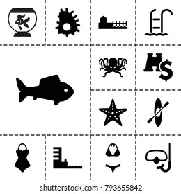 Sea icons. set of 13 editable filled sea icons such as binoculars with dollar sign, harbor, avenue, fish, snorkel, rowing, starfish, swimsuit, extinct sea creature, octopus