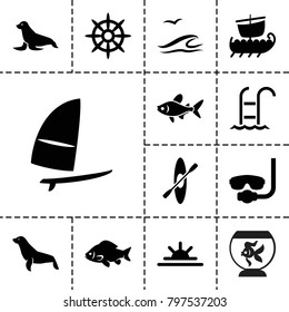 Sea icons. set of 13 editable filled sea icons such as fish, seal, underwater mask, sun rise, helm, windsurfing, rowing, sea and gull, water military, swimming ladder