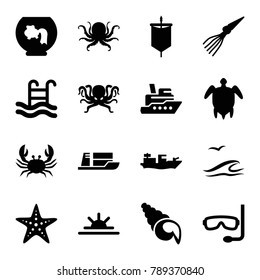 Sea icons. set of 16 editable filled sea icons such as octopus, crab, ship, aquarium, sun rise, swimming pool, turtle  illsutration, starfish, aqualung, shell, sail