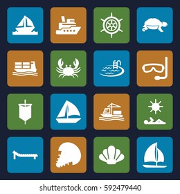 sea icons set. Set of 16 sea filled icons such as crab, turtle, pool, sailboat, cargo ship, boat, sunbed, man laying in sun, aqualung, helm, shell, extinct sea creature, sail