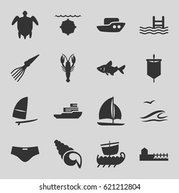 Sea icons set. set of 16 sea filled icons such as crab, fish, boat, pool, avenue, sailboat, windsurfing, turtle  illsutration, man swim wear, shell, sail