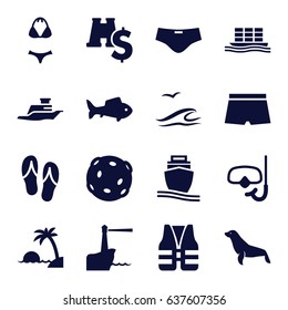 Sea icons set. set of 16 sea filled icons such as seal, cargo ship, ship, fish, snorkel, island, flip flops, man swim wear, swimsuit, life vest, lighthouse