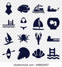 Sea icons set. set of 16 sea filled icons such as octopus, crab, fish, pool, cargo ship, avenue, sailboat, swimsuit, rowing boat, shell, surfing, extinct sea creature