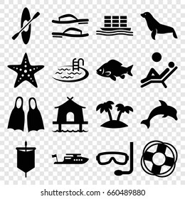 Sea icons set. set of 16 sea filled icons such as fish, seal, pool, boat, cargo ship, palm, rowing, starfish, flippers, man laying in the sun, tent, flip flops, aqualung