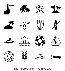 Sea icons set. set of 16 sea filled and outline icons such as fish, ship, palm, rowing, island, lifebuoy, lighthouse, crab, cargo ship, sunbed, tent, rowing boat