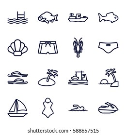 sea icons set. Set of 16 sea outline icons such as fish, crab, pool, cargo ship, swimmer, island, flip flops, man swim wear, swimsuit, shell, water military, jet ski