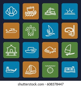 Sea icons set. set of 16 sea outline icons such as fish, boat, sun rise, cargo ship, turtle  illsutration, tent, sailboat, shell, surfing, water military, snorkel