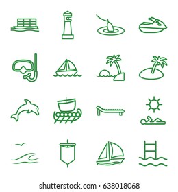Sea icons set. set of 16 sea outline icons such as lighthouse, cargo ship, boat, sunbed, man laying in sun, island, sailboat, sea and gull, fishing, dolphin, sail