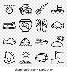 Sea icons set. set of 16 sea outline icons such as fish, pool, cargo ship, boat, man laying in sun, island, flip flops, lighthouse, extinct sea creature, water military