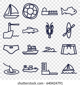 Sea icons set. set of 16 sea outline icons such as crab, boat, harbor, avenue, fish, swimmer, man swim wear, lifebuoy, lighthouse, fishing, extinct fish, water military