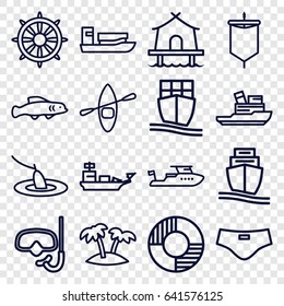 Sea icons set. set of 16 sea outline icons such as boat, helm, cargo ship, palm, lifebuoy, tent, man swim wear, rowing boat, fishing, extinct fish, sail, water military
