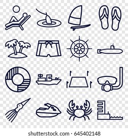 Sea icons set. set of 16 sea outline icons such as crab, palm, land territory, harbor, lifebuoy, man laying in the sun, flip flops, man swim wear, helm, fishing