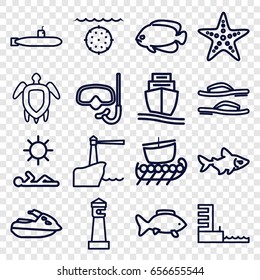 Sea icons set. set of 16 sea outline icons such as fish, lighthouse, cargo ship, harbor, turtle  illsutration, starfish, man laying in sun, flip flops, water military