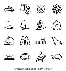 Sea icons set. set of 16 sea outline icons such as fish, seal, pool, sun rise, helm, flippers, man laying in the sun, tent, sailboat, sea and gull, surfing, jet ski