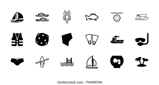 Sea icons. set of 18 editable filled and outline sea icons: underwater mask, aquarium, pool, palm, land territory, man swim wear, life vest, sailboat, extinct sea creature