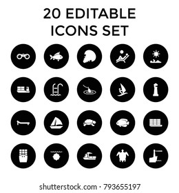 Sea icons. set of 20 editable filled sea icons such as fish, lighthouse, sailboat, turtle  illsutration, sunbed, man laying in sun. best quality sea elements in trendy style.