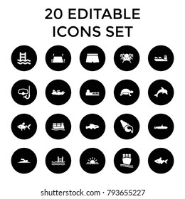 Sea icons. set of 20 editable filled sea icons such as fish, turtle, swimming ladder, pool, cargo ship, land territory, avenue. best quality sea elements in trendy style.