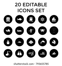 Sea icons. set of 20 editable filled sea icons such as ship, pool, cargo ship, fish, sailboat, flippers, swimmer, aqualung. best quality sea elements in trendy style.