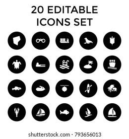 Sea icons. set of 20 editable filled sea icons such as crab, fish, cargo ship, land territory, swimming pool, avenue, sailboat. best quality sea elements in trendy style.