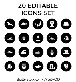 Sea icons. set of 20 editable filled sea icons such as fish, seal, swimming ladder, swimming pool, sailboat, jet ski. best quality sea elements in trendy style.