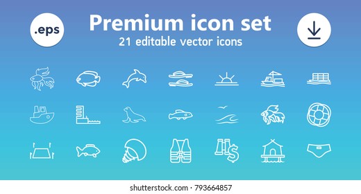 Sea icons. set of 21 editable outline sea icons includes fish, sun rise, cargo ship, binoculars with dollar sign, land territory, harbor, tent, flip flops, man swim wear