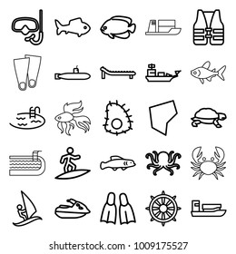 Sea icons. set of 25 editable outline sea icons such as octopus, fish, turtle, pool, ship, helm, land territory, jet ski, snorkel, sunbed, flippers, life vest, surfing