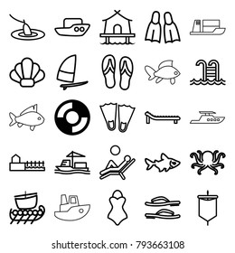 Sea icons. set of 25 editable outline sea icons such as lifebuoy, octopus, fish, boat, flippers, cargo ship, avenue, swimming pool, windsurfing, sunbed, man laying in the sun