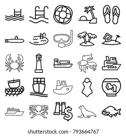 Sea icons. set of 25 editable outline sea icons such as fish, lighthouse, pool, ship, aquarium, cargo ship, binoculars with dollar sign, palm, swimming pool, home on island