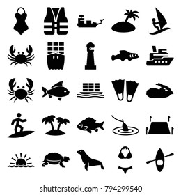Sea icons. set of 25 editable filled sea icons such as fish, crab, turtle, seal, lighthouse, ship, flippers, cargo ship, palm, land territory, jet ski, island, swimsuit