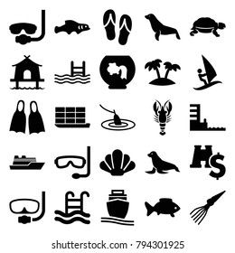 Sea icons. set of 25 editable filled sea icons such as turtle, seal, underwater mask, aquarium, fish, pool, cargo ship, binoculars with dollar sign, palm, swimming pool