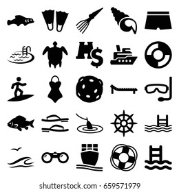 Sea icons set. set of 25 sea filled icons such as fish, pool, helm, cargo ship, lifebuoy, turtle  illsutration, sunbed, flip flops, man swim wear, swimsuit, aqualung, shell