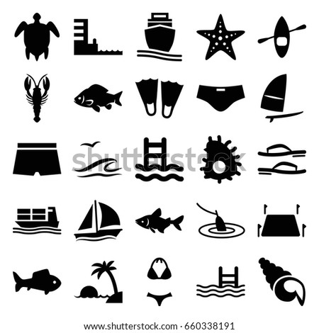 Sea icons set. set of 25 sea filled icons such as fish, crab, pool, cargo ship, land territory, harbor, windsurfing, turtle  illsutration, starfish, island, flip flops