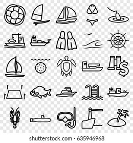Sea icons set. set of 25 sea outline icons such as fish, crab, cargo ship, ship, land territory, swimming pool, turtle  illsutration, flippers, island, swimsuit, lifebuoy