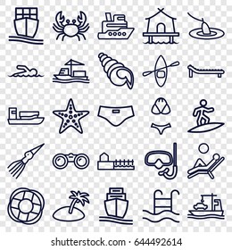 Sea icons set. set of 25 sea outline icons such as crab, cargo ship, swimming pool, avenue, sunbed, starfish, swimmer, man laying in the sun, tent, island, man swim wear